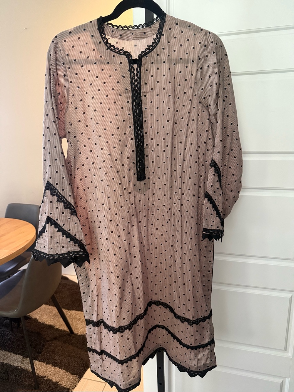 Semi-Sheer Pink Polka Dot Tunic Dress with Black Lace Trim